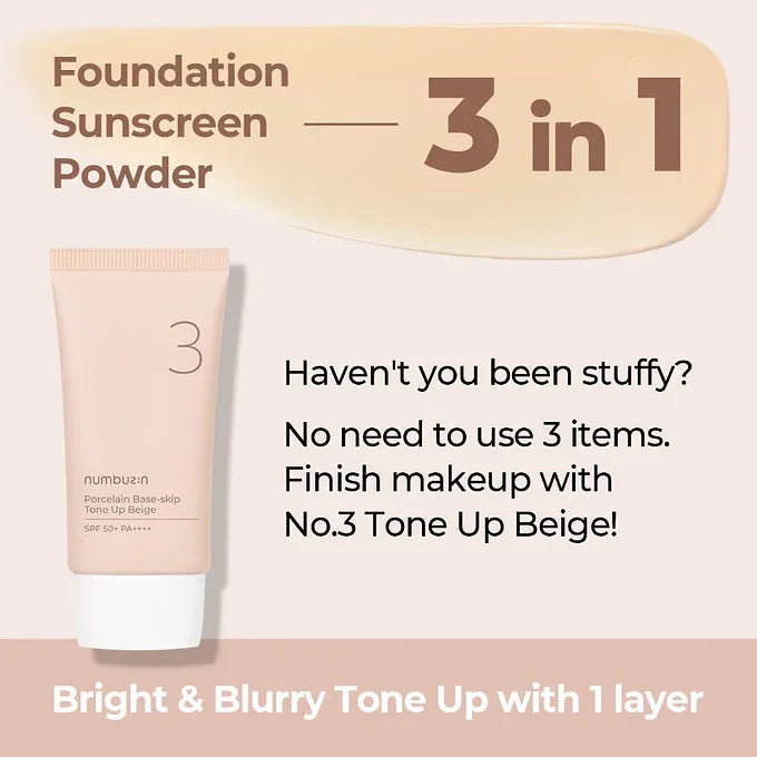 Numbuzin - No.3 Porcelain Base-skip Tone Up Beige - Beauty Station by Rafia